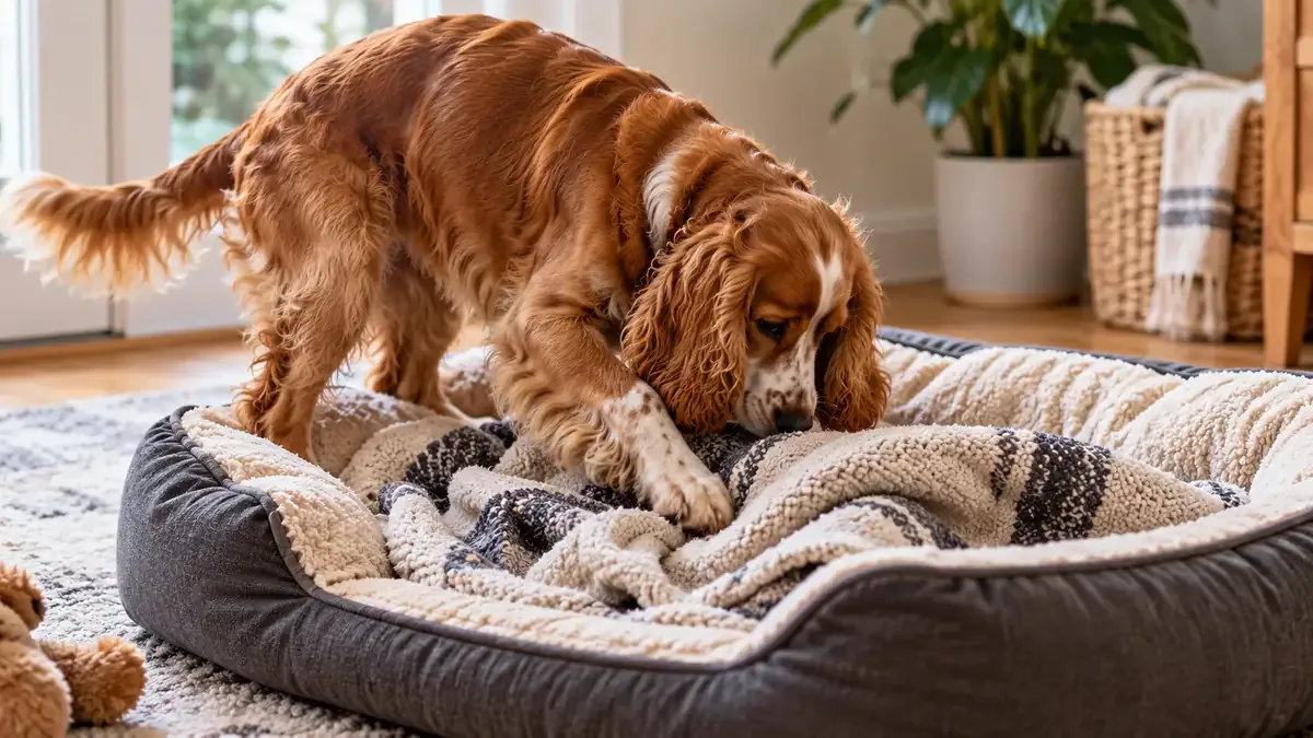 Dog scratching and rearranging a blanket on its bed before lying down