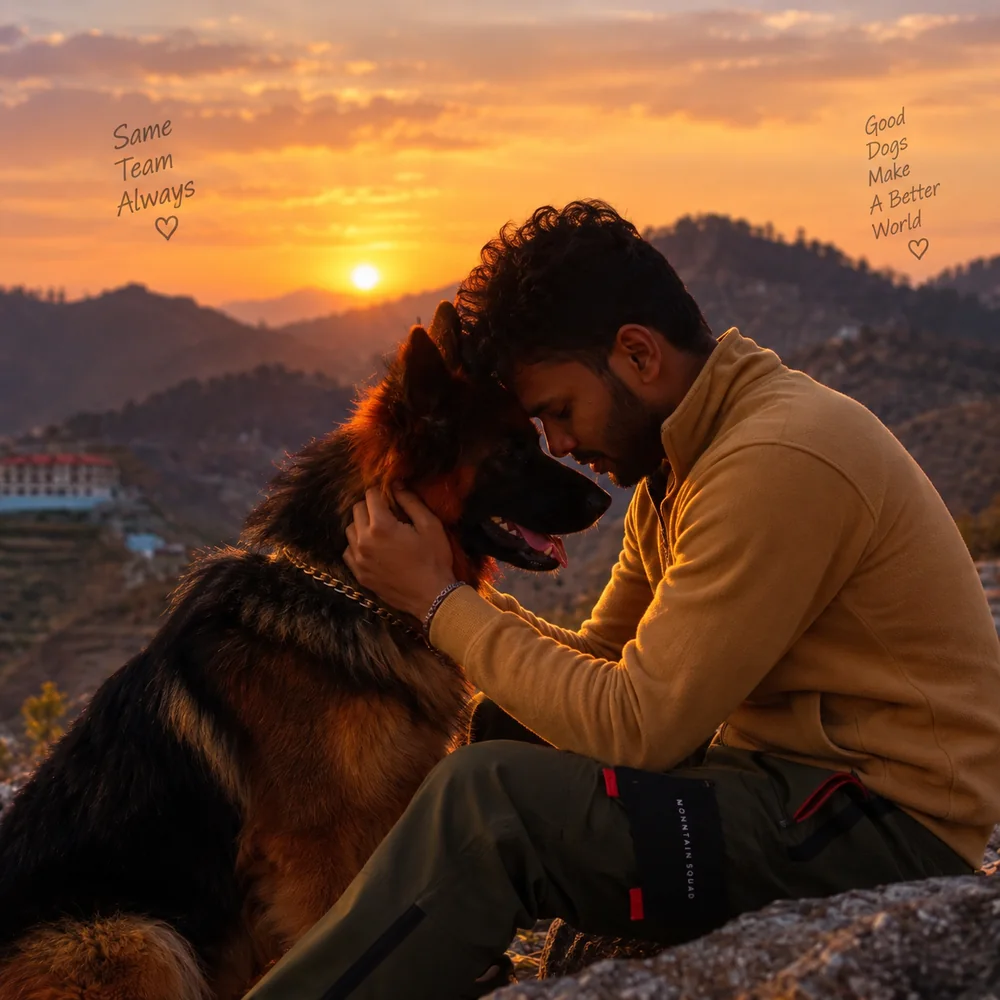 Whisky with his human companion outdoors at sunset